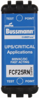 Eaton Bussmann series FCF fuse, 25 A, 60 Hz, 50 Hz, 1 , CF, Black, Non-indicating, Electroless tin plated copper alloy terminal, Blade end, 4 min at 200%, 50 kAIC at 600 Vdc,300 kAIC at 600 V, Glass filled PES, 600 V, 600 Vdc