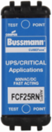 Eaton Bussmann series FCF fuse, 25 A, 60 Hz, 50 Hz, 1 , CF, Black, Non-indicating, Electroless tin plated copper alloy terminal, Blade end, 4 min at 200%, 50 kAIC at 600 Vdc,300 kAIC at 600 V, Glass filled PES, 600 V, 600 Vdc