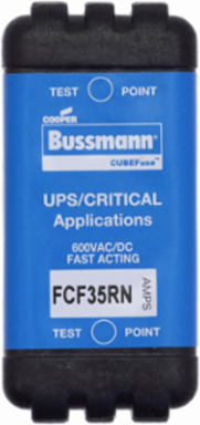 Eaton Bussmann series FCF fuse, 35 A, 60 Hz, 50 Hz, 1 , CF, Black, Non-indicating, Electroless tin plated copper alloy terminal, Blade end,Class CF, 6 min at 200%, 300 kAIC at 600 V,50 kAIC at 600 Vdc, Glass filled PES, 600 V, 600 Vdc