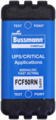 Eaton Bussmann series FCF fuse, 50 A, 60 Hz, 50 Hz, 1 , CF, Black, Non-indicating, Electroless tin plated copper alloy terminal, Blade end, 6 min at 200%, 300 kAIC at 600 V,50 kAIC at 600 Vdc, Glass filled PES, 600 V, 600 Vdc