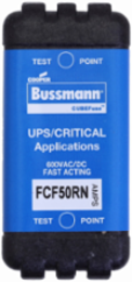 Eaton Bussmann series FCF fuse, 50 A, 60 Hz, 50 Hz, 1 , CF, Black, Non-indicating, Electroless tin plated copper alloy terminal, Blade end, 6 min at 200%, 300 kAIC at 600 V,50 kAIC at 600 Vdc, Glass filled PES, 600 V, 600 Vdc