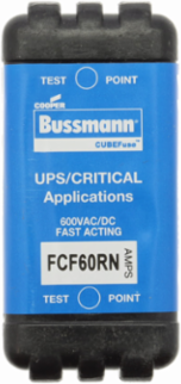 Eaton Bussmann series FCF fuse CUBEFuse, Finger safe, power loss 7.27 w, Critical/UPS, 60 A, 60 Hz, 50 Hz, 1 , CF, Black, Blade end, 6 min at 200%, 50 kAIC at 600 Vdc,300 kAIC at 600 V, Glass filled PES