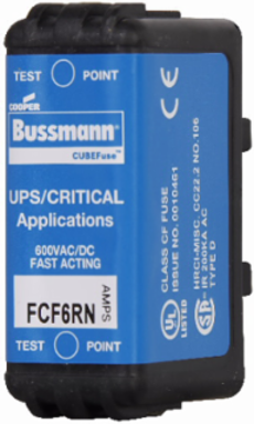Eaton Bussmann series FCF fuse, 6 A, 60 Hz, 50 Hz, 1 , CF, Black, Non-indicating, Electroless tin plated copper alloy terminal, Blade end, 4 min at 200%, 50 kAIC at 600 Vdc,300 kAIC at 600 V, Glass filled PES, Standard, 600 V, 600 Vdc