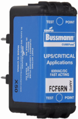 Eaton Bussmann series FCF fuse, 6 A, 60 Hz, 50 Hz, 1 , CF, Black, Non-indicating, Electroless tin plated copper alloy terminal, Blade end, 4 min at 200%, 50 kAIC at 600 Vdc,300 kAIC at 600 V, Glass filled PES, Standard, 600 V, 600 Vdc
