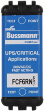 Eaton Bussmann series FCF fuse, 6 A, 60 Hz, 50 Hz, 1 , CF, Black, Non-indicating, Electroless tin plated copper alloy terminal, Blade end, 4 min at 200%, 50 kAIC at 600 Vdc,300 kAIC at 600 V, Glass filled PES, Standard, 600 V, 600 Vdc
