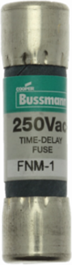 Eaton Bussmann series FNM fuse, Time-delay Midget fuse, 1 A, Dual, Non-indicating, Ferrule end x ferrule end, 35 AIC at 250 Vac,10 kAIC at 125 Vac, Nickel-plated bronze endcap, Standard, 250 V