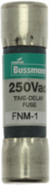Eaton Bussmann series FNM fuse, Time-delay Midget fuse, 1 A, Dual, Non-indicating, Ferrule end x ferrule end, 35 AIC at 250 Vac,10 kAIC at 125 Vac, Nickel-plated bronze endcap, Standard, 250 V