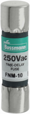 Eaton Bussmann series FNM fuse, Time-delay Midget fuse, 10 A, Dual, Non-indicating, Ferrule end x ferrule end, 10 kAIC at 125 Vac,200 AIC at 250 Vac, Nickel-plated bronze endcap, Standard, 250 V
