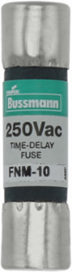 Eaton Bussmann series FNM fuse, Time-delay Midget fuse, 10 A, Dual, Non-indicating, Ferrule end x ferrule end, 10 kAIC at 125 Vac,200 AIC at 250 Vac, Nickel-plated bronze endcap, Standard, 250 V
