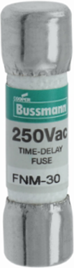 Eaton Bussmann series FNM fuse, Time-delay Midget fuse, 30 A, Dual, Non-indicating, Ferrule end x ferrule end, 10 kAIC at 250 Vac, Nickel-plated bronze endcap, Standard, 250 V