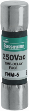 Eaton Bussmann series FNM fuse, Time-delay Midget fuse, 5 A, Dual, Non-indicating, Ferrule end x ferrule end, 10 kAIC at 125 Vac,200 AIC at 250 Vac, Nickel-plated bronze endcap, Standard, 250 V