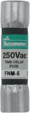 Eaton Bussmann series FNM fuse, Time-delay Midget fuse, 5 A, Dual, Non-indicating, Ferrule end x ferrule end, 10 kAIC at 125 Vac,200 AIC at 250 Vac, Nickel-plated bronze endcap, Standard, 250 V