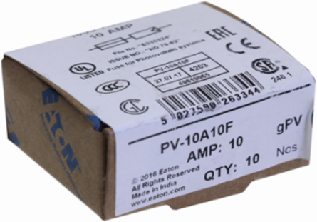Photovoltaic Fuse, 10A, 1000 Vdc, Cylindrical, Class gPV, Yellow, Ceramic Body