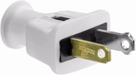 Eaton straight blade plug , #18-10 AWG, 15A, Commercial, 125V, Back wire, White, Brass, Thermoplastic, 1-15P, Two-pole, two-wire, non grounding, Screw, 0.328" diameter, Thermoplastic rubber, ED Box, polarized