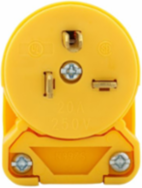 Straight Blade Angled Plug, 20A, 250V, NEMA 6-20P, #18-12 AWG, Vinyl, Yellow