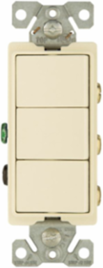 Eaton commercial grade combination — Configuration: (3) decorator, Color: Light almond, Switch Type: (3) single-pole, Voltage Rating: 120/277 V, Actuator: Rocker, Application: Residential, commercial, Material: Polycarbonate Thermoplastic, Special Features: Auto-ground, Amperage Rating: 15A