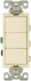 Eaton commercial grade combination — Configuration: (3) decorator, Color: Light almond, Switch Type: (3) single-pole, Voltage Rating: 120/277 V, Actuator: Rocker, Application: Residential, commercial, Material: Polycarbonate Thermoplastic, Special Features: Auto-ground, Amperage Rating: 15A