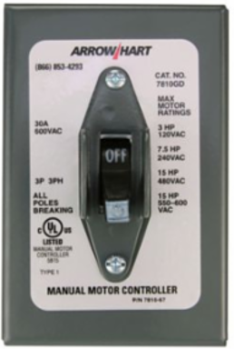 Eaton manual motor controller, Canadian version, #14-10 AWG, 30A, Industrial, Wall, 600V, Front wired screw and clamp, Maintained contact, Gray, NEMA 1, Enclosure: SS, Three-pole, Single-gang, Three-phase, Toggle, Single-throw, Nylon