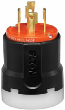 Eaton Arrow Hart Color Coded Locking Plug, #14-8 AWG, 30A, Industrial, 125/250V, Back, Orange, Black, Ultra grip, Nylon, L14-30, Three-pole, Four-wire, Nylon, 0.38 - 1.16" (9.5 - 29.5mm), -40°C (w/o impact) to 60°C (-40°F to 140°F)