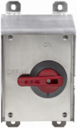 Eaton motor control disconnect X-switch, IP69K/IP66 Ingress Protection, #14-10 AWG, 30A, Mounting feet/DIN rail, flush or 1/4" spacing, 600V, NEMA 4X, 12, Enclosure: 316L SS, Washdown, Three-phase, Rotary, NSF certified for food processing