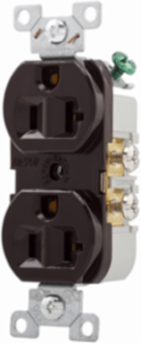 Eaton commercial specification grade duplex receptacle, #14-10 AWG, 20A, Commercial, Flush, 125V, Side wire, Brown, Brass, High-impact nylon, PVC, 5-20R, Duplex, Screw, PVC, Core pack