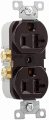 Eaton commercial specification grade duplex receptacle, #14-10 AWG, 20A, Commercial, Flush, 125V, Side wire, Brown, Brass, High-impact nylon, PVC, 5-20R, Duplex, Screw, PVC, Core pack