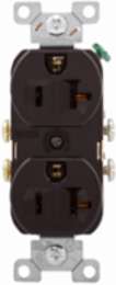 Eaton commercial specification grade duplex receptacle, #14-10 AWG, 20A, Commercial, Flush, 125V, Side wire, Brown, Brass, High-impact nylon, PVC, 5-20R, Duplex, Screw, PVC, Core pack