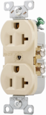 Eaton commercial specification grade duplex receptacle, #14-10 AWG, 20A, Commercial, Flush, 125V, Side wire, Ivory, Brass, High-impact nylon, PVC, 5-20R, Duplex, Screw, PVC, Core pack