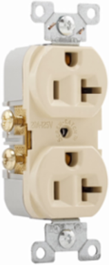 Eaton commercial specification grade duplex receptacle, #14-10 AWG, 20A, Commercial, Flush, 125V, Side wire, Ivory, Brass, High-impact nylon, PVC, 5-20R, Duplex, Screw, PVC, Core pack