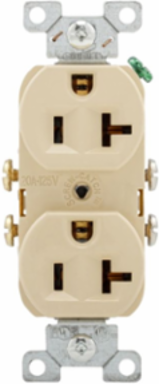 Eaton commercial specification grade duplex receptacle, #14-10 AWG, 20A, Commercial, Flush, 125V, Side wire, Ivory, Brass, High-impact nylon, PVC, 5-20R, Duplex, Screw, PVC, Core pack