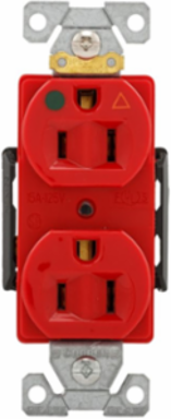 Duplex Receptacle, Hospital Grade, Isolated Ground, 15A, 125V, NEMA 5-15R, Red, Glass-Filled Nylon
