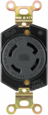 Locking Receptacle, Single, 30A, 125/250V, L14-30, 3-Pole 4-Wire, Black