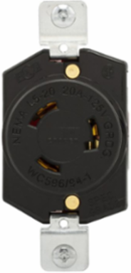 Safety Grip Locking Receptacle, 20A, 125V, 2-Pole 3-Wire, Single, Black