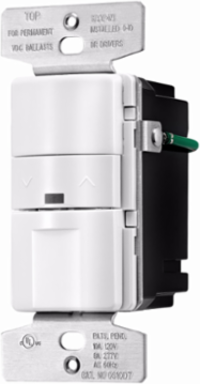 Eaton occupancy sensor and dimmer, 8/10A, Resi/com, Flush, 120/277V, 6" pre-strip wre lds, Pshpd w/hor dim/brite bar, White, 60 Hz, LED mot ind, 1-pole, 3-way, 0-40˚C, 1-ph, Poly, 1200/2200W, Used w/0-10 Vdc FLR/LED blst 748523