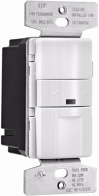 Eaton occupancy sensor and dimmer, 8/10A, Resi/com, Flush, 120/277V, 6" pre-strip wre lds, Pshpd w/hor dim/brite bar, White, 60 Hz, LED mot ind, 1-pole, 3-way, 0-40˚C, 1-ph, Poly, 1200/2200W, Used w/0-10 Vdc FLR/LED blst 748523