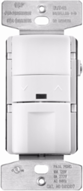 Eaton occupancy sensor and dimmer, 8/10A, Resi/com, Flush, 120/277V, 6" pre-strip wre lds, Pshpd w/hor dim/brite bar, White, 60 Hz, LED mot ind, 1-pole, 3-way, 0-40˚C, 1-ph, Poly, 1200/2200W, Used w/0-10 Vdc FLR/LED blst 748523