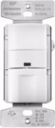 Eaton occupancy sensor and dimmer, 8/10A, Resi/com, Flush, 120/277V, 6" pre-strip wre lds, Pshpd w/hor dim/brite bar, White, 60 Hz, LED mot ind, 1-pole, 3-way, 0-40˚C, 1-ph, Poly, 1200/2200W, Used w/0-10 Vdc FLR/LED blst 748523