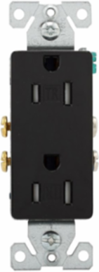 Eaton residential grade decorator d — Color: Black, Allowable Wire Size: Push-In Terminals Wiring: #14 AWG copper (CU) Only, Side Wiring: #10-14 Copper or Copper Clad Aluminum, Face/Body Material: PVC body Impact-resistant thermoplastic face, Features: Tamper resistant, Amperage Rating: 15A, NEMA Configuration: 5-15R, Packaging Type: ED Box