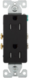 Eaton residential grade decorator d — Color: Black, Allowable Wire Size: Push-In Terminals Wiring: #14 AWG copper (CU) Only, Side Wiring: #10-14 Copper or Copper Clad Aluminum, Face/Body Material: PVC body Impact-resistant thermoplastic face, Features: Tamper resistant, Amperage Rating: 15A, NEMA Configuration: 5-15R, Packaging Type: ED Box