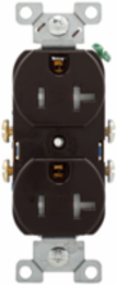 Eaton residential grade duplex rece — Features: Tamper resistant, Allowable Wire Size: Side Wiring: #10-14 Copper or Copper Clad Aluminum, Color: Brown, Face/Body Material: PVC body Impact-resistant thermoplastic face, Style Type: Standard, NEMA Configuration: 5-20R, Packaging Type: ED Box