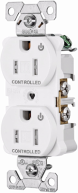 Eaton Arrow Hart heavy duty industrial specification grade duplex receptacle, Tamper resistant,auto-grounding, Dual control, #14-10 AWG, 15A, Flush, 125V, White, Brass, Impact-resistant thermoplastic face,PVC body, 5-15R, 2-pole, 3-wire, ,