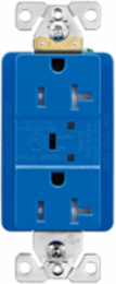 Eaton TVSS receptacle — Color: Blue, Allowable Wire Size: Side or Back Wiring :#10-14 Copper or Copper Clad Aluminum, Amperage Rating: 20A, Application: Commercial, Device Grade: Commercial, Face/Body Material: Nylon High-impact resistant thermoplastic, Joules: 560J, Mounting Method: Flush Wall