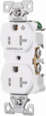 Eaton Arrow Hart heavy duty industrial specification grade duplex receptacle, Tamper resistant,auto-grounding, Half control, #14-10 AWG, 20A, Flush, 125V, White, Brass, Impact-resistant thermoplastic face,PVC body, 5-20R, 2-pole, 3-wire, ,