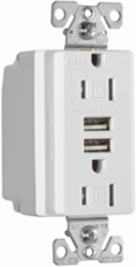 Eaton combination USB charger with duplex receptacle, Tamper resistant, 15A at 125 Vac, 3.A at 5 Vdc, Flush mount, 125 Vac, 5 Vdc, Wire leads, White, Brass, 5-15R, Two-pole, three-wire, grounding, Decorator, Thermoplastic