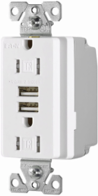 Eaton combination USB charger with duplex receptacle, Tamper resistant, 15A at 125 Vac, 3.A at 5 Vdc, Flush mount, 125 Vac, 5 Vdc, Wire leads, White, Brass, 5-15R, Two-pole, three-wire, grounding, Decorator, Thermoplastic