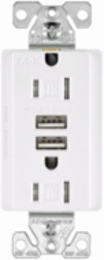 Eaton combination USB charger with duplex receptacle, Tamper resistant, 15A at 125 Vac, 3.A at 5 Vdc, Flush mount, 125 Vac, 5 Vdc, Wire leads, White, Brass, 5-15R, Two-pole, three-wire, grounding, Decorator, Thermoplastic