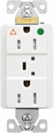 Eaton TVSS receptacle — Color: White, Allowable Wire Size: Side or Back Wiring :#10-14 Copper or Copper Clad Aluminum, Amperage Rating: 15A, Application: Hospital, Device Grade: Hospital, Face/Body Material: Nylon High-impact resistant thermoplastic, Joules: 560J, Mounting Method: Wall Flush