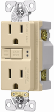Eaton ground fault circuit interrupter receptacle, 15A, 125V, Back wire and side wire, GFCI, Ivory, Brass, Receptacle, Tamper resistant, PVC, 5-15R, Two-pole, three-wire, grounding