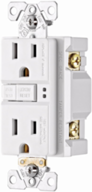 Eaton ground fault circuit interrupter receptacle, 15A, 125V, Back wire and side wire, GFCI, White, Brass, Receptacle, Tamper resistant, PVC, 5-15R, Two-pole, three-wire, grounding