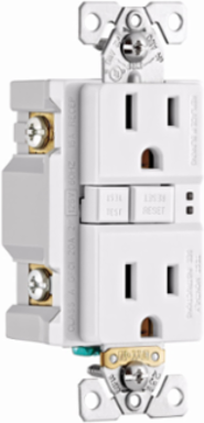 Eaton ground fault circuit interrupter receptacle, 15A, 125V, Back wire and side wire, GFCI, White, Brass, Receptacle, Tamper resistant, PVC, 5-15R, Two-pole, three-wire, grounding